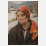 Stanislaw Górski, Mädchen mit rotem Kopftuch, Pastell auf getöntem Karton