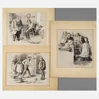 Georg Mühlberg, Drei Illustrationszeichnungen, Tuschefederzeichnungen und partiell Deckweiß