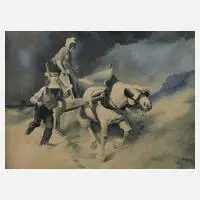 R. Schmole, Pferdewagen im Sturm, Aquarell mit Deckweiß