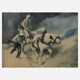 R. Schmole, Pferdewagen im Sturm, Aquarell mit Deckweiß
