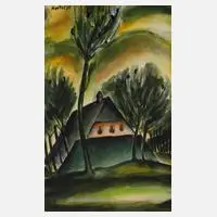 Haus unter Bäumen by Martel Schwichtenberg, Aquarell in Grüntönen, sold May 2021