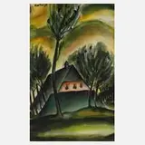 Martel Schwichtenberg, Haus unter Bäumen, Aquarell in Grüntönen