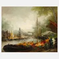 Jan Bévort, Blumenmarkt an einer Gracht, Öl auf Leinwand