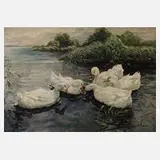 F. Brommert, Enten auf dem See, Öl auf Pappe