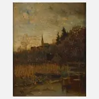 Conrad Eilers, Abend am Dorfteich, Öl auf Pappe