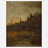 Conrad Eilers, Abend am Dorfteich, Öl auf Pappe