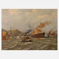 Hamburger Hafen by Hans Fenger, Öl auf Karton und Sperrholz, sold Oct 2020