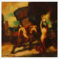 Adolf Frey-Moock, Der Einmarsch, Öl auf Sperrholz