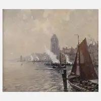 B. Hennig, Stadt am Wasser, Öl auf Leinwand