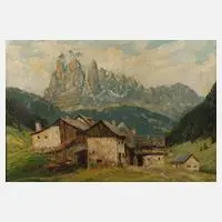Josef Rolf Knobloch, "Bauernhof mit Langkofelgruppe", Öl auf Leinwand