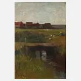 Karl Schickhardt, Am Kanal vor dem Dorf, Öl auf Malkarton