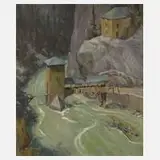 Georg Söderlund Hansen, Brücke in der Schlucht, Öl auf Hartfaserplatte