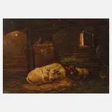 H. Wolff, "Kühe im Stall", 1903, Öl auf Holztafel