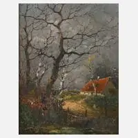Haus am Teich by Heinz Flockenhaus, Öl auf Holztafel, sold Nov 2020