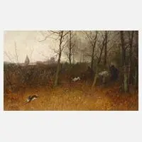 Jean Grothe, Hasenjagd, Öl auf Leinwand