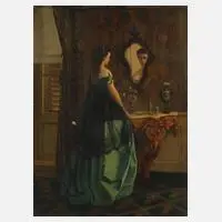 Edmond Lambrichs, Dame im Interieur, Öl auf Mahagoniholzplatte