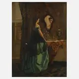 Edmond Lambrichs, Dame im Interieur, Öl auf Mahagoniholzplatte