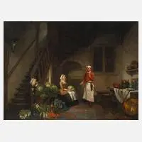 Johannes Salm, Niederländische Küchenszene, Ölmalerei auf Holz in altmeisterlicher Anlehnung