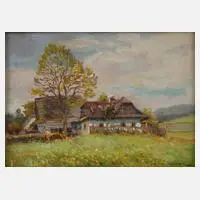 František Cína Jelínek, Gehöft im Sonnenlicht, Öl auf Karton