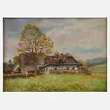 František Cína Jelínek, Gehöft im Sonnenlicht, Öl auf Karton