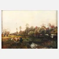 J. Gibas, Weidende Kühe am Bach, Öl auf Leinwand und Holz