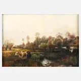 J. Gibas, Weidende Kühe am Bach, Öl auf Leinwand und Holz