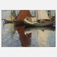 Carl Hessmert, Segelboote am Pier, 1905, Öl auf Pappe