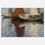 Carl Hessmert, Segelboote am Pier, 1905, Öl auf Pappe