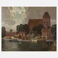 Erich Mercker, Ansicht von Putzig bei Danzig, Öl auf Hartfaserplatte