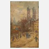 Max Oehler, Blick auf die Frauenkirche in München, Öl auf Pappe