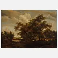 R. Waller, Waldlandschaft mit Wanderern, Öl auf Sperrholz