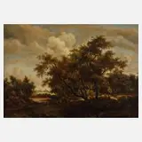 R. Waller, Waldlandschaft mit Wanderern, Öl auf Sperrholz