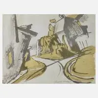 Anton Kerschbaumer, "Häuser am See II", Farblithographie in Grau und Gelbgrün