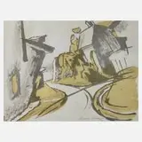Anton Kerschbaumer, "Häuser am See II", Farblithographie in Grau und Gelbgrün