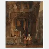 Samuel Prout, Beim Stoffhändler, Aquarell und Deckweiß über Tuschezeichnung