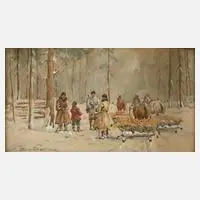 Emil Butowicz, Jäger im Winterwald, Aquarell und Deckweiß