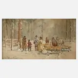 Emil Butowicz, Jäger im Winterwald, Aquarell und Deckweiß