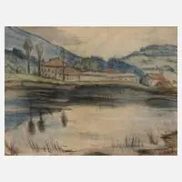 Paul Halke, Häuser am Teich, Kohle und Pastellkreiden