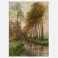 P. H. Janowitz, Birken am Kanal, Aquarell und Deckfarben