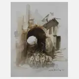 Manfred Feiler, "Schafherde in der Toskana", Aquarell