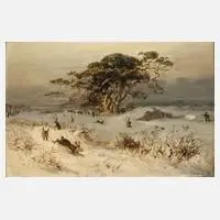 Prof. Emil Neumann, Winterliche Hasenjagd, Öl auf Karton