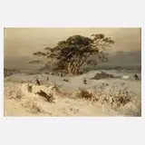 Prof. Emil Neumann, Winterliche Hasenjagd, Öl auf Karton
