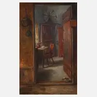 G. Borgmann, Bäuerliches Stubeninterieur mit Katze, Öl auf Leinwand