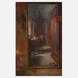 G. Borgmann, Bäuerliches Stubeninterieur mit Katze, Öl auf Leinwand