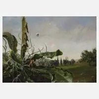 Wolfram Diehl, Löwenzahn in Landschaft, 1987, Öl und Ei-Tempera auf Malpappe