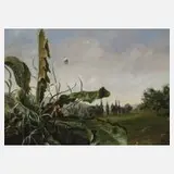 Wolfram Diehl, Löwenzahn in Landschaft, 1987, Öl und Ei-Tempera auf Malpappe