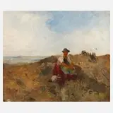 Lore Feldberg-Eber attr., Bauersfrau in Landschaft, Öl auf Malpapier
