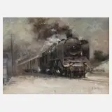 Jaroslav Ronek, Dampflok im Winter, 1930, Öl auf Spanplatte