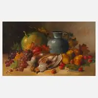 A. Tuzzi, Früchtestillleben mit Rebhühnern, Öl auf Leinwand