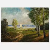 Wolfgang Heinz Unger, Landschaft mit Birken am See, Öl auf Hartfaserplatte